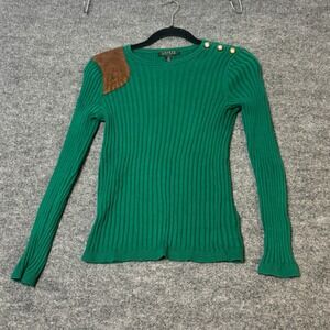 Lauren Ralph Lauren Sweater Womens Small Green Ribbed Button Shoulder Patch